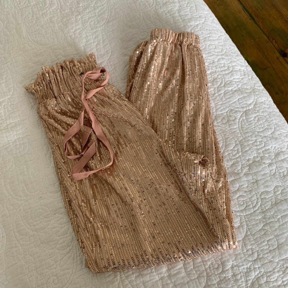 Rose Gold Sequin Jogger - Paper bag waist